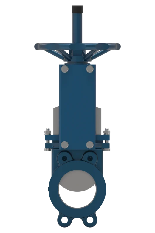 Knife gate valve model 101, DN50–DN1000, PN10–PN16, is designed for shut-off of media flow in industrial pipelines. It features a unidirectional O-ring seal.