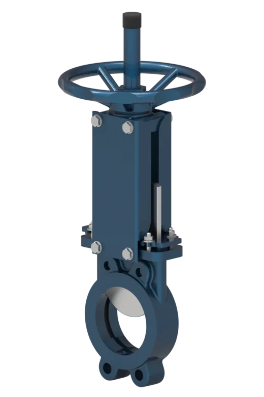 Knife gate valve model 101, DN50–DN1000, PN10–PN16, is designed for shut-off of media flow in industrial pipelines. It features a unidirectional O-ring seal.