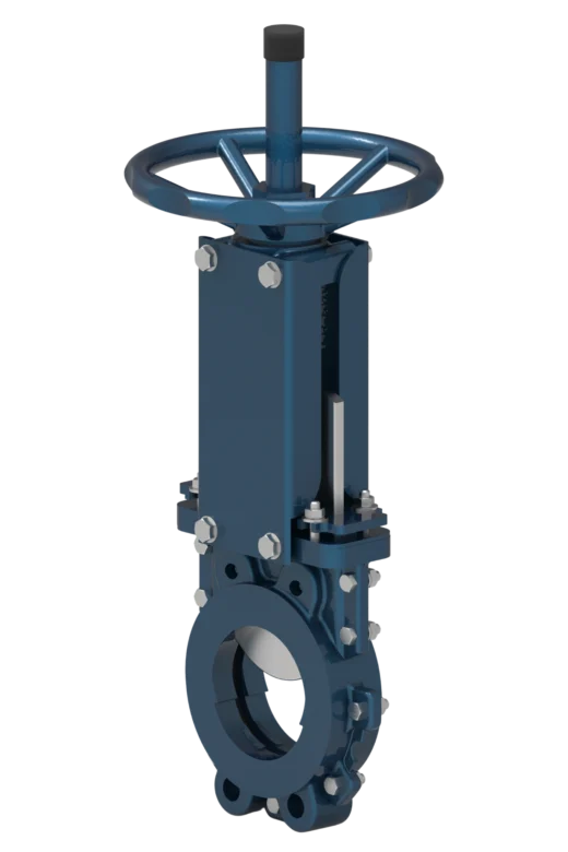 Knife gate valve model 104 in sizes DN50–DN1000, with a pressure rating of PN10/PN16, featuring a two-piece body construction and a U-type seat.
